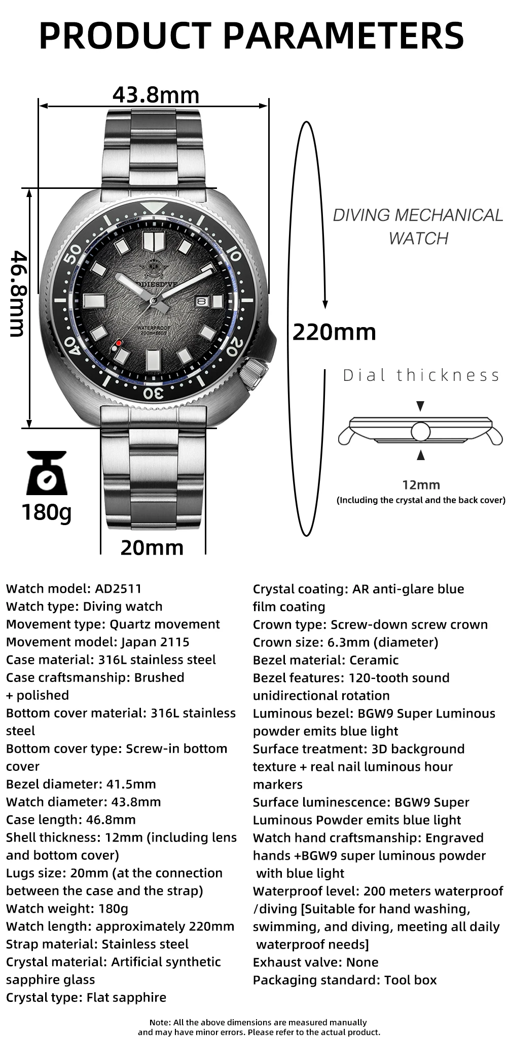 ADDIESDIVE Top Men‘s Abalone Shell Watch 20Bar Waterproof AD2511 Reloj Hombre BGW9 Super Luminous Sapphire Glass Quartz Watch