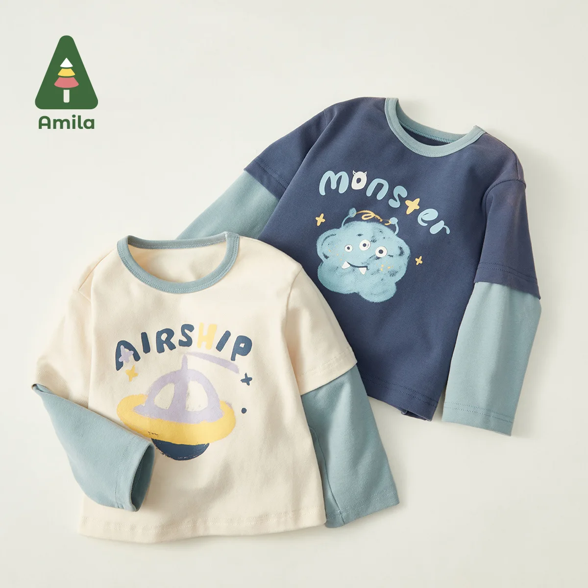 Amila Baby Boys T-shirt 2023 Spring New Fashion Spliced Contrast O-neck Full Sleeves Kids Casual Cotton Tops Children\'s Clothes