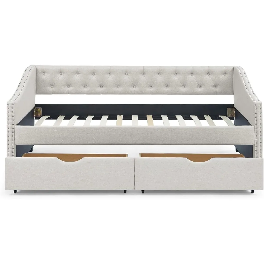 Wood Twin Daybed Frame with 2 Storage Drawers, Upholstered with Button and Nailhead Design for Bedroom Guest Room