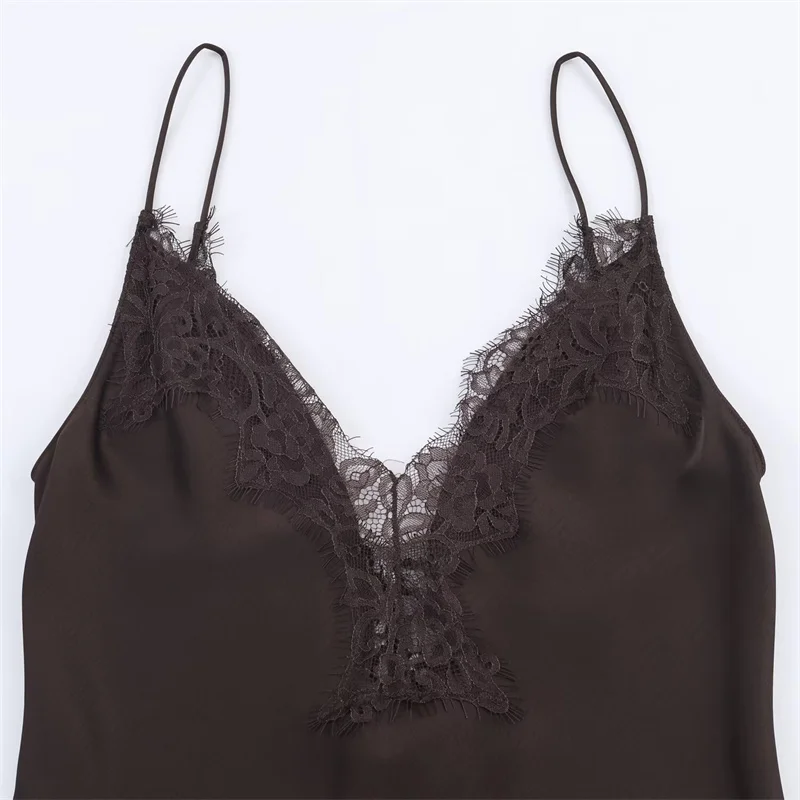 البني غير المتماثلة الدانتيل فستان ستان جديد الخريف موضة النمط الفرنسي أناقة مثير الخامس الرقبة السباغيتي حزام ثوب مسائي