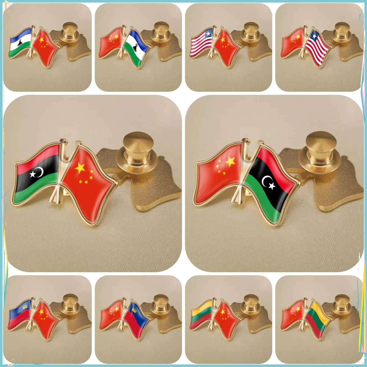 China and Lesotho Liberia Libya Liechtenstein Lithuania Double Friendship Flags Lapel Pins Brooch Badges