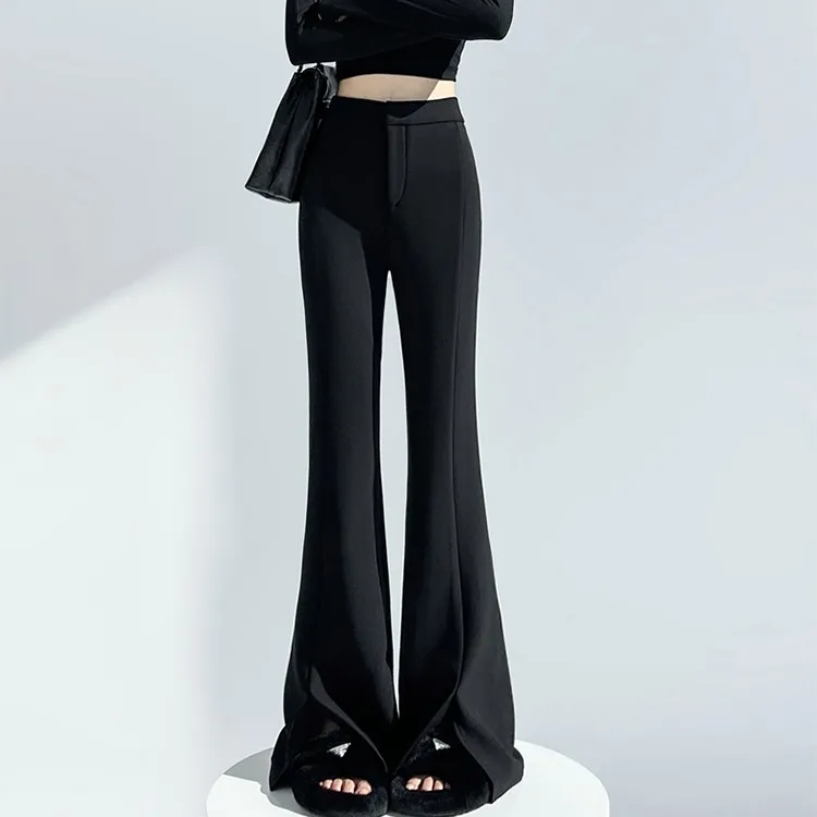 High Waist Wide Leg Flared Casual Pants Women's Fce Lined  Flare Suit Pants Asymmetrical Zipper ket Pants