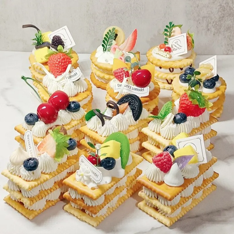 

Simulation Three-layer Sandwich Biscuits Clay Handmade Cream Fruit Cake Model Fake Dessert Decoration Window Display