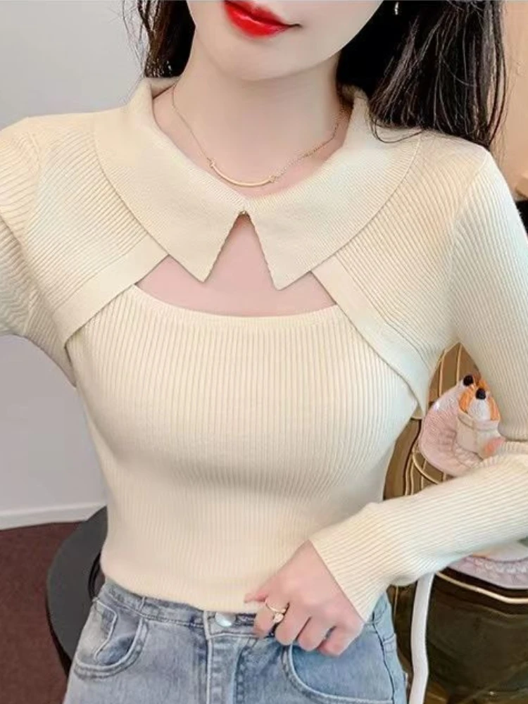 

Winter Sweet Solid Knitted T-shirts for Women Turn Down Collar Hollow Out Y2k Tops Female Korean Fashion Slim Casual Tops 2023