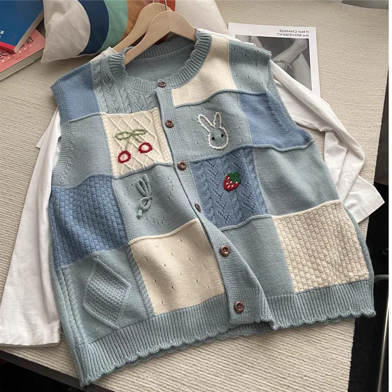 Autumn Waistcoat Kawaii Clothes Elegant Sweet Round Neck Sleeveless Cardigan Vest Knitwear Vests Coats