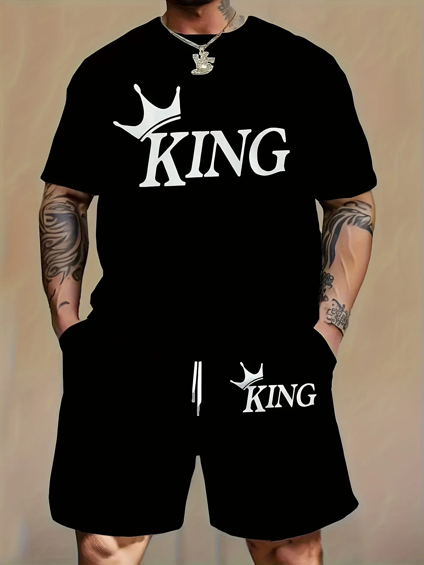 

2025 Summer New Men's Set Short Sleeve Shorts Set Fashion King Printed T-shirt Shorts 2-piece Set Casual Fashion Breathable Spor