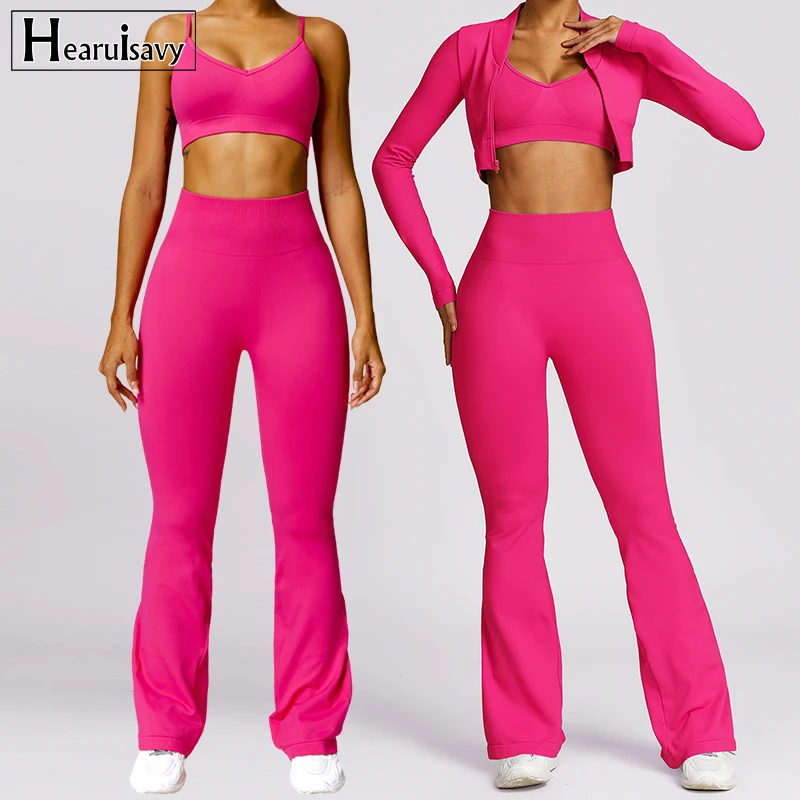 3PCS Sports Set Women Flared Pants Workout Suit Quick-Drying Yoga Clothing Gym Bra Sportswear Female Running Jackets Set Women