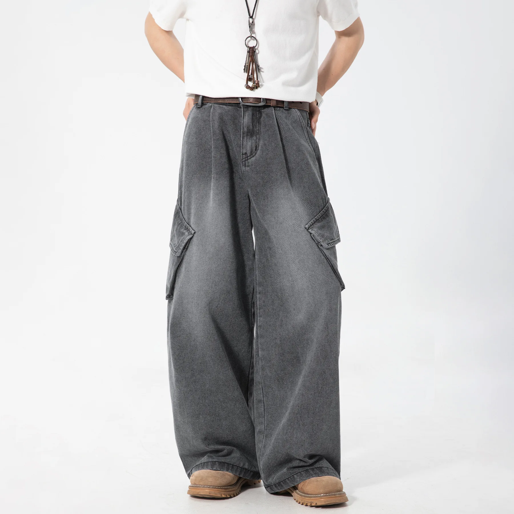 

Washed Vintage Workwear Jeans For Men Spring Summer New Side Pocket Straight Pants Textured Loose Fit Long Trousers Fashion 53SW