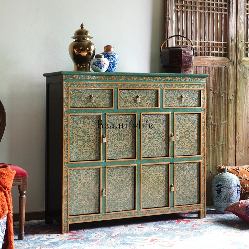 New Chinese solid wood retro side cabinet, foyer entrance three-dimensional pattern cabinet