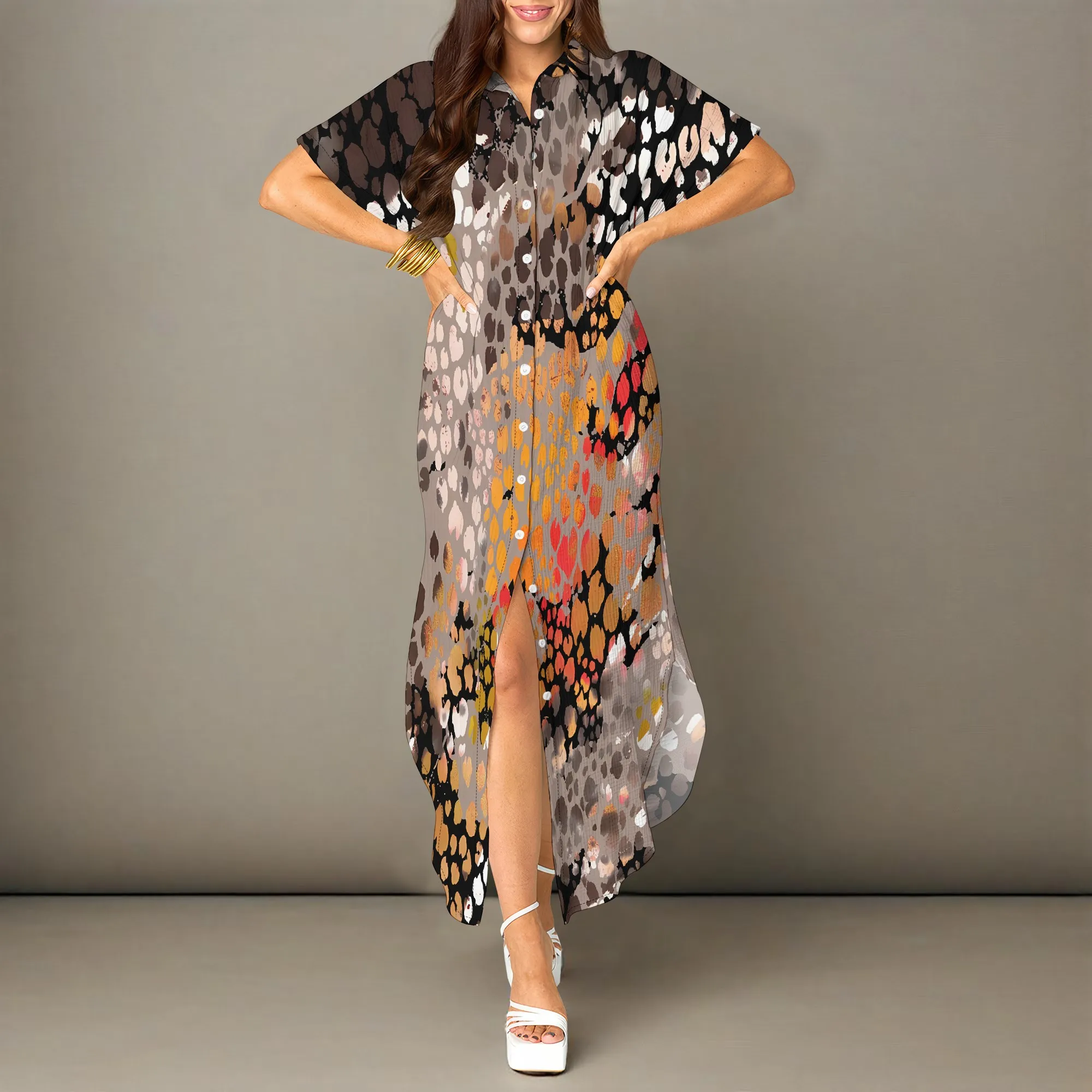 

Nupusa Leopard Print Shirt Dress for Women Regular Size Summer Casual Shirt Collar Short Sleeve Maxi Dress