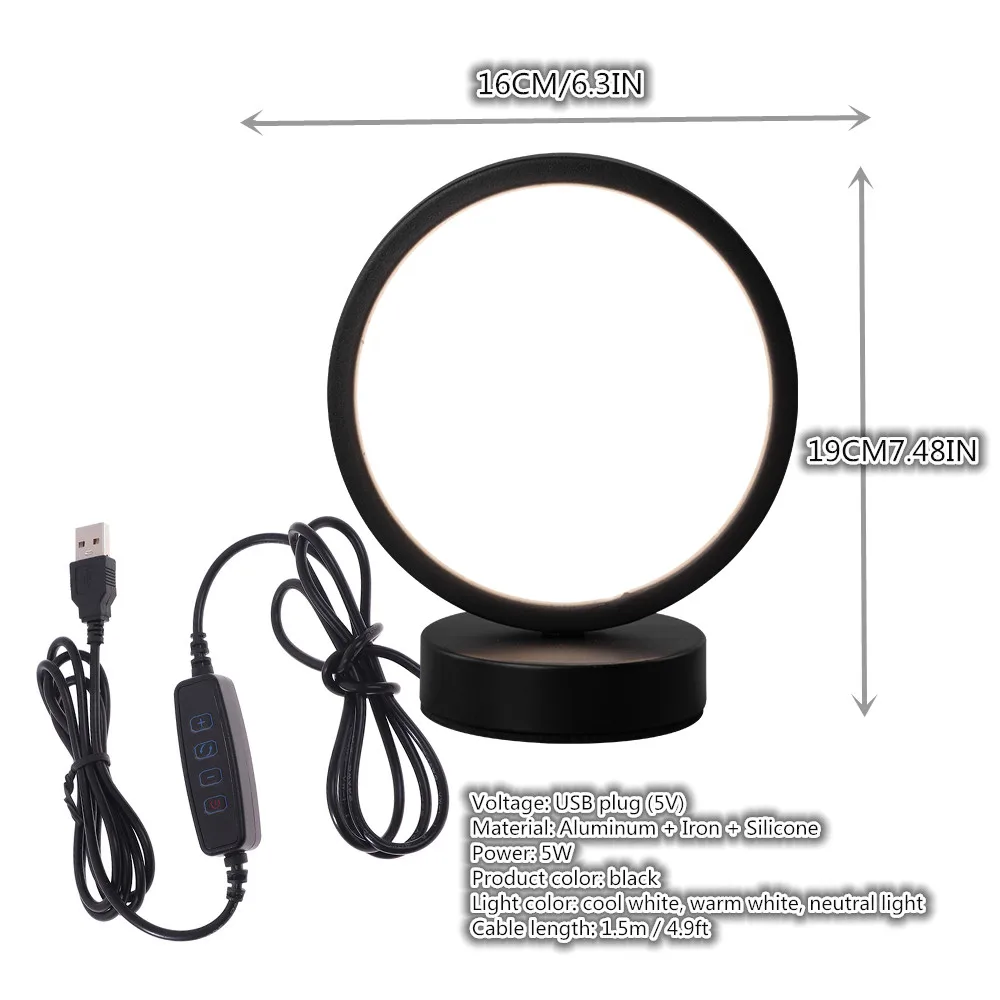 Imagem -04 - Atmosfera Circular Led Estilo Nórdico Ferro Forjado Candeeiro de Mesa para Estudo do Quarto Luz de Tons Plugue Usb 5v Criativo 2023