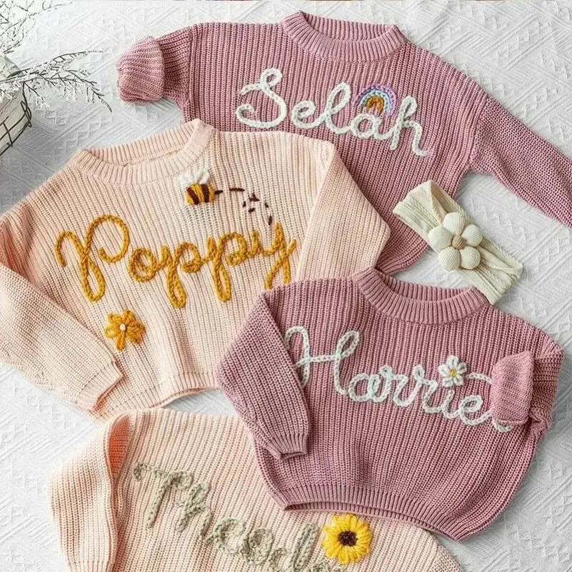 New Custom Name Kids Clothes Girls Boys Personalized Baby Sweaters Handmade Thick Line Embroidery Children's Knitted Sweater view 3