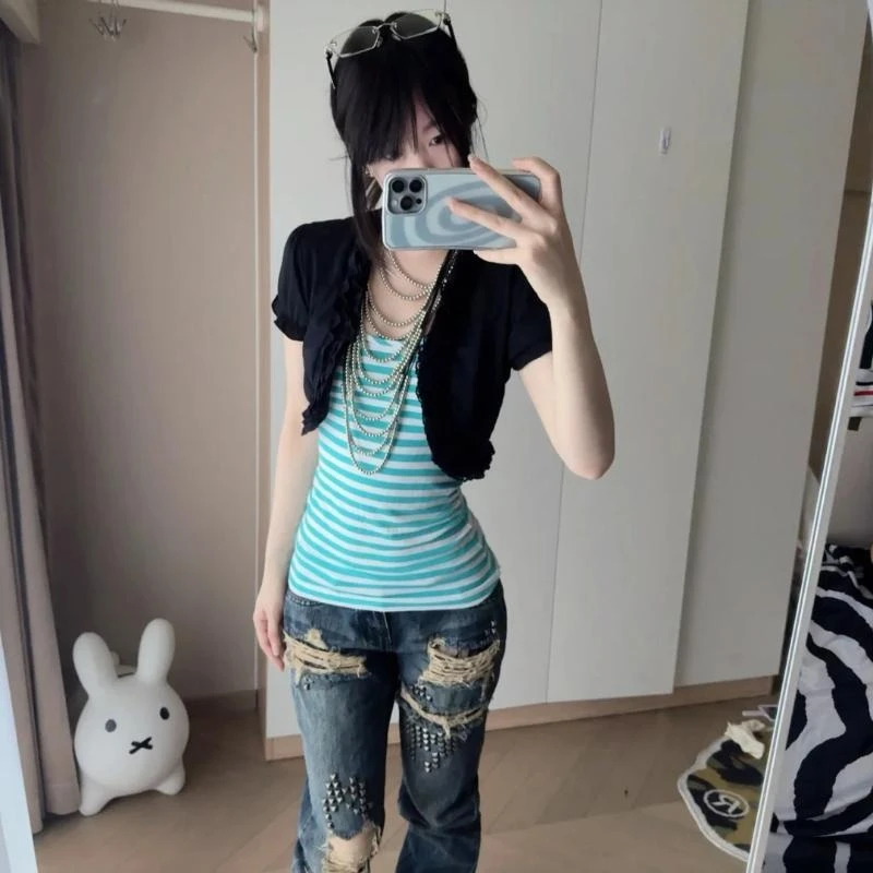 Korean Style Pure Sexy Girl Y2K Top Millennial Vintage Striped Mint Camisole Cardigan Set Japanese Style Slimming Clothes Summer