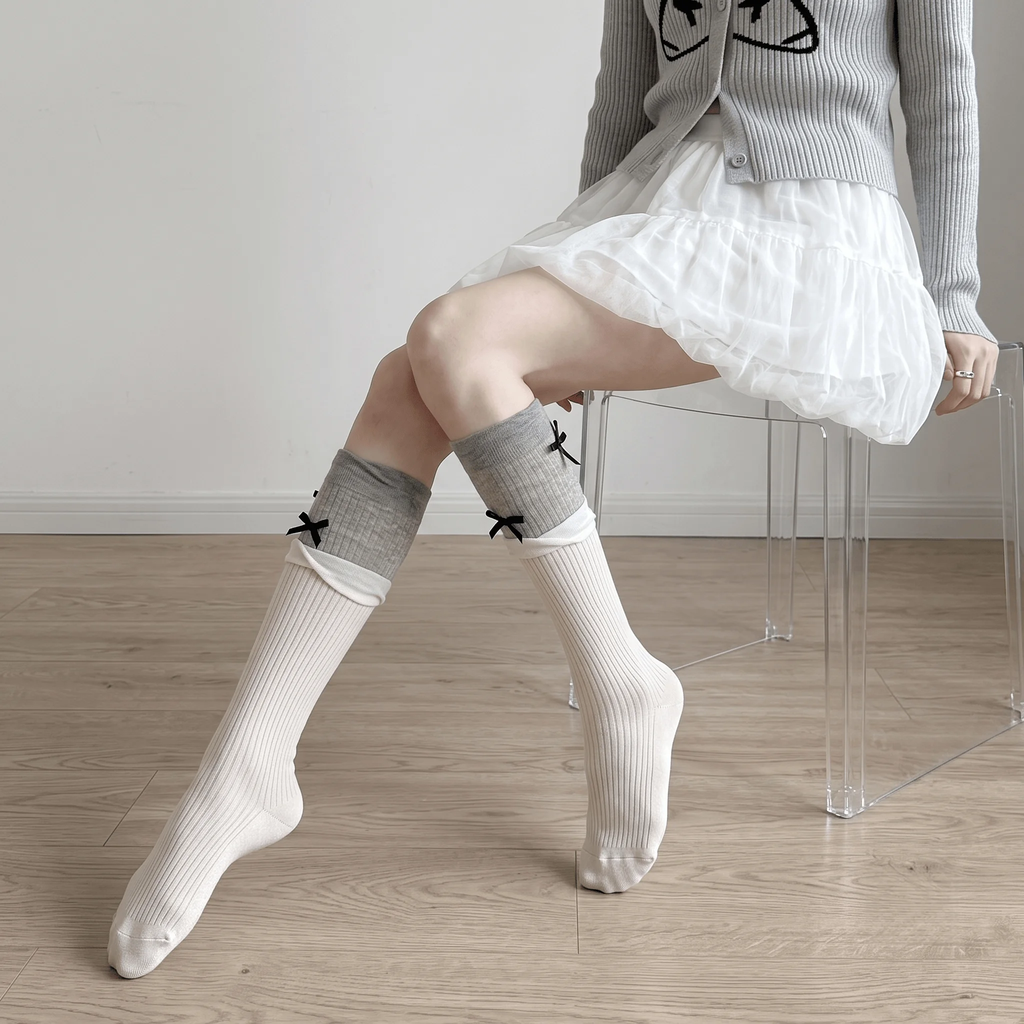 2026 Moon Girl Japanese JK Balletcore Vertical Stripe Stackable Mid-Calf Socks, Sweet Bow Decor Slim Fit Calf Hosiery For Girls, Breathable Versatile Fashion Leg Socks, Cute Daily Uniform Matching Knitted Socks.