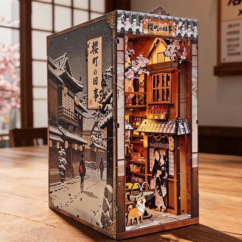 DIY Wooden Japanese Book Nook Shelf Insert Kits Miniature Model Kit With Light Bookend for Friends Birthday Gifts