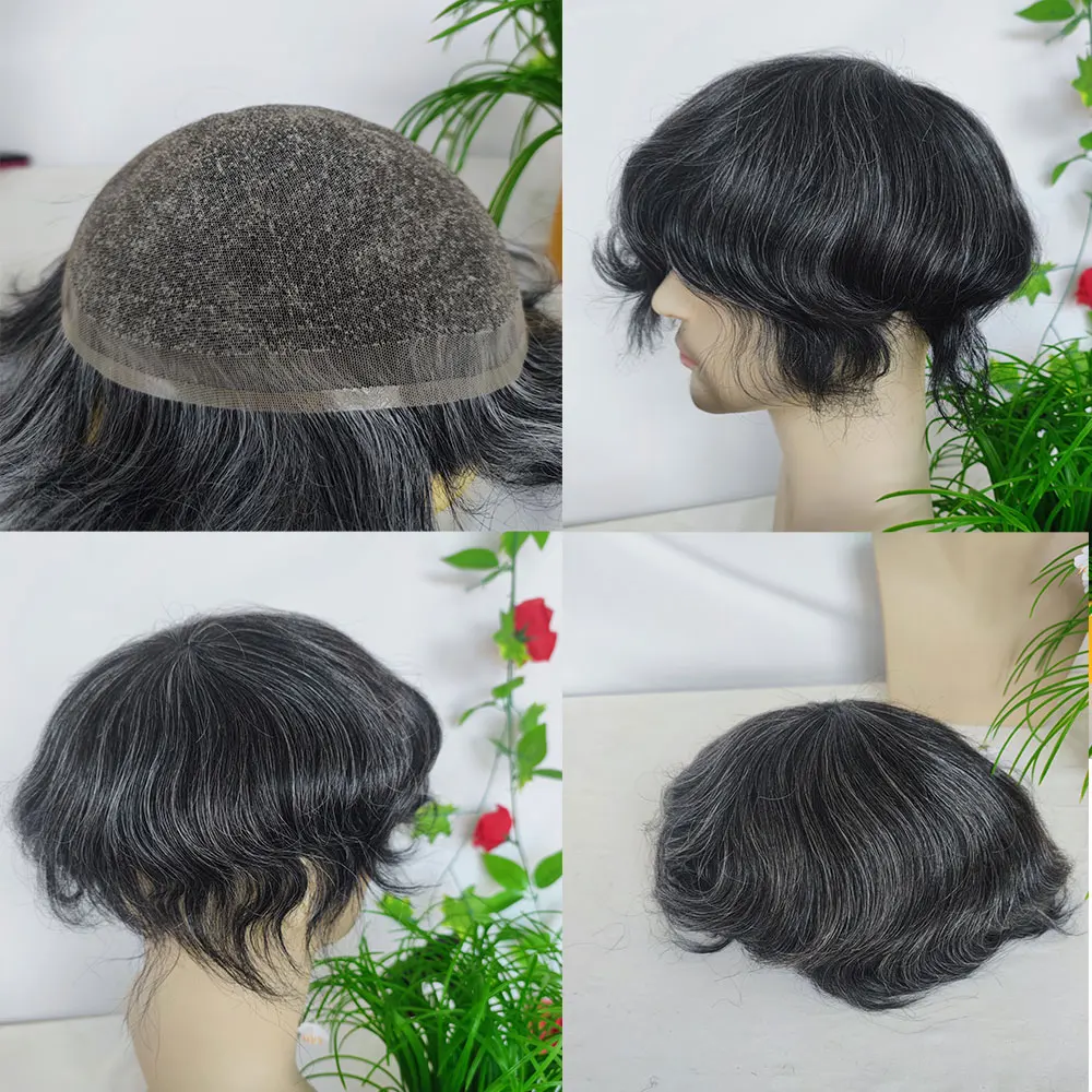 European Human Hair Toupee For Men 10x8 Inch Soft Full Swiss Lace Hair Replacement System Mixed 1B with 20% White Hairpieces