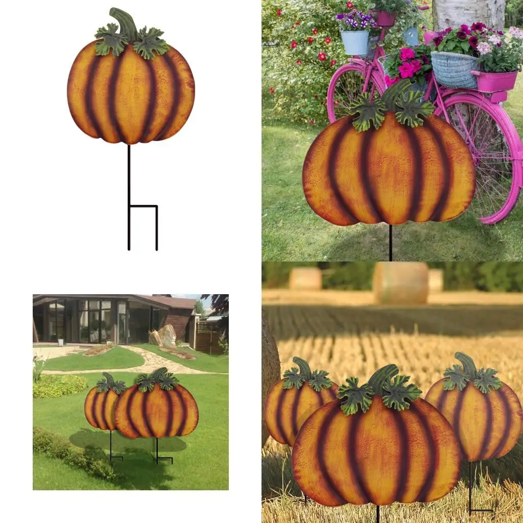 Iron Gourd Pumpkin Garden Stakes, Seasonal Yard Feature with Natural Wind Motion for Lawn, Entry, and Flower B03E