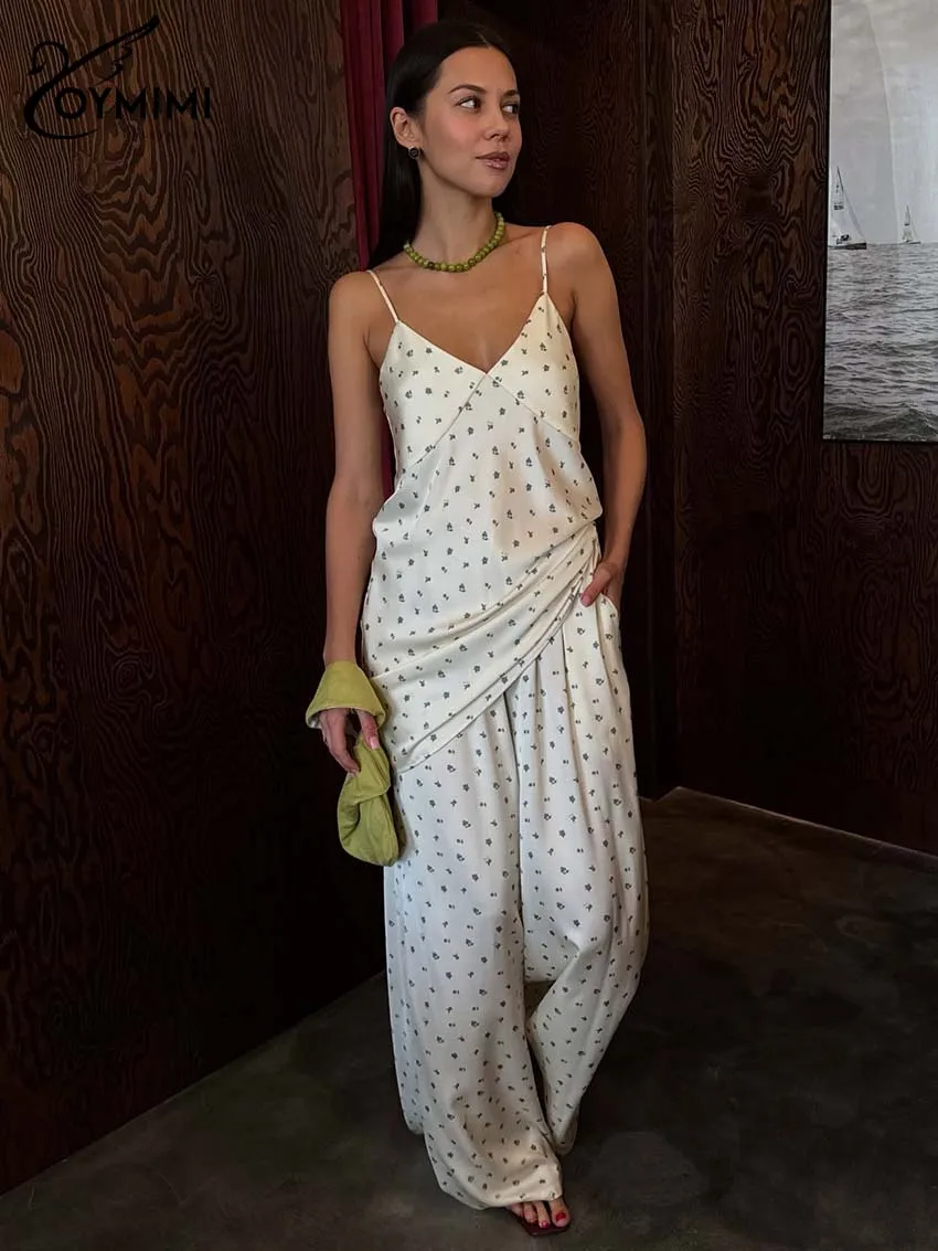 

Oymimi Women's Cream Floral Satin 2-Piece Set 2026 Spring Spaghetti Strap Side Ruched Wide-Leg Pants Elegant Chic Date Outfit