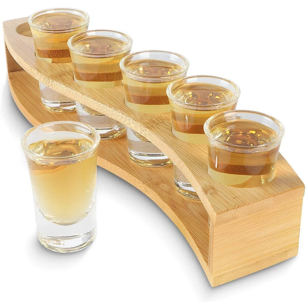 Shot Glass Holder Set-1Oz/30Ml Shot Glass Set Bamboo Shot Glass Holder 6Pcs Shot Glass Set Perfect for Party Bar