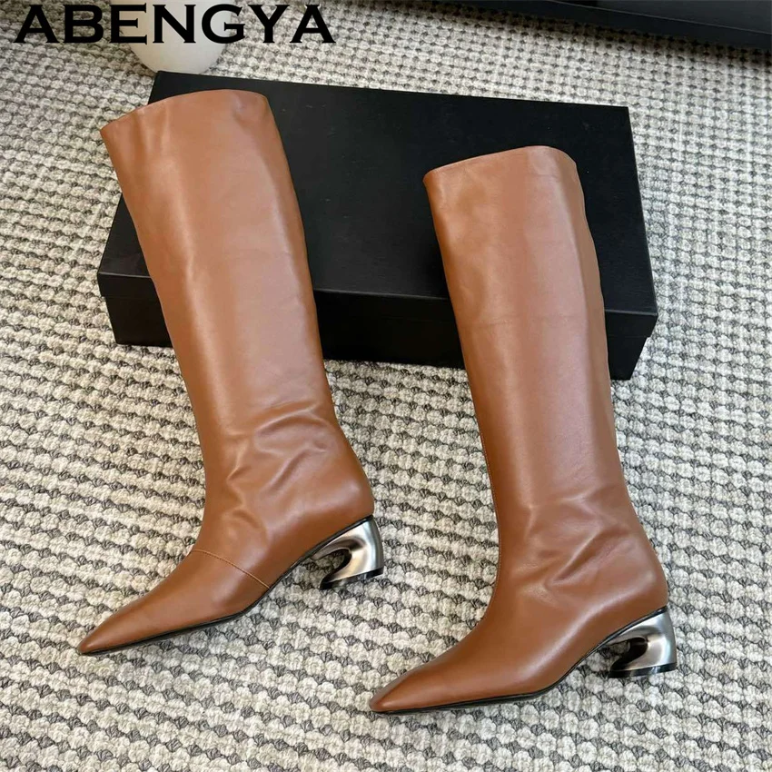 New Trend Strange Heels Knee High Boots Women Genuine Leather Round Toe Chelsea Boots 2026 Winter Fashion Week Long Boots Women