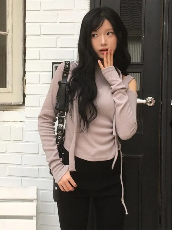 Gentle Korean Style Knitted Scarf Drawstring Shoulder Bared Thin Top Women's Fashion Autumn 2026 Viscose Fiber 100%
