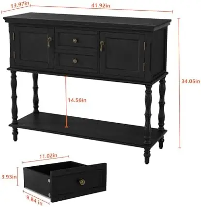 Console Table with 2 Drawers, Retro Entryway Table with 2 Door Cabinets and Open Storage Shelf, Narrow Long Behind