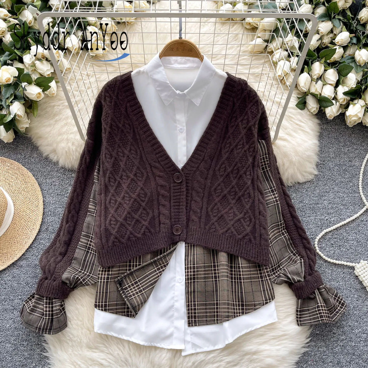 Autumn Two-piece Set Clothes Women Suits Twists Sweater Cardigans Coat+Sleeveless Plaid Shirt Vintage Female Clothes