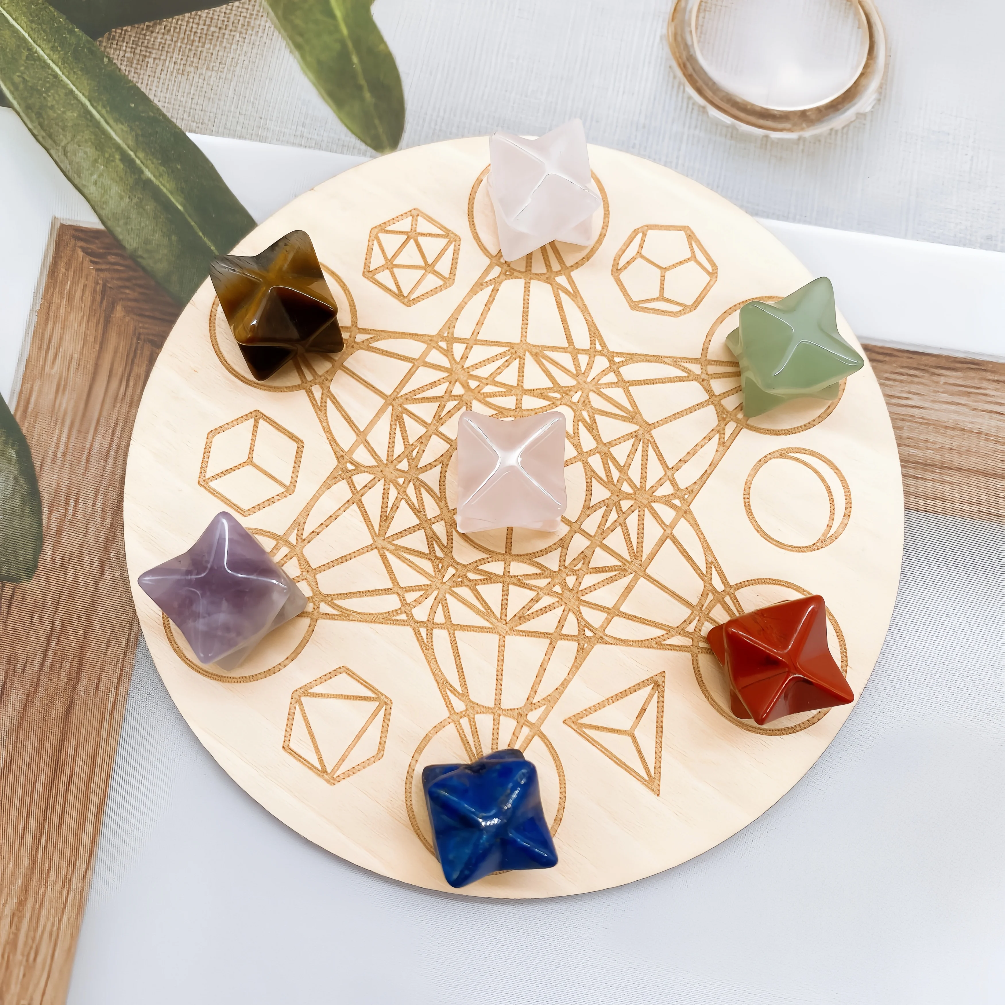 

Natural Chakra Merkaba Star Magic Wooden Plates Crystal Quartz Stone Healing Energy Gravel Yoga Meditation Home Decor Gift