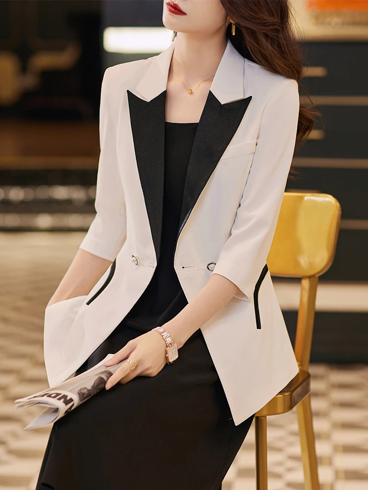 Summer Spring Fashion Women Blazer Ladies Black White Stripe Single Button Half Sleeve Female Formal Jacket Coat women clothing
