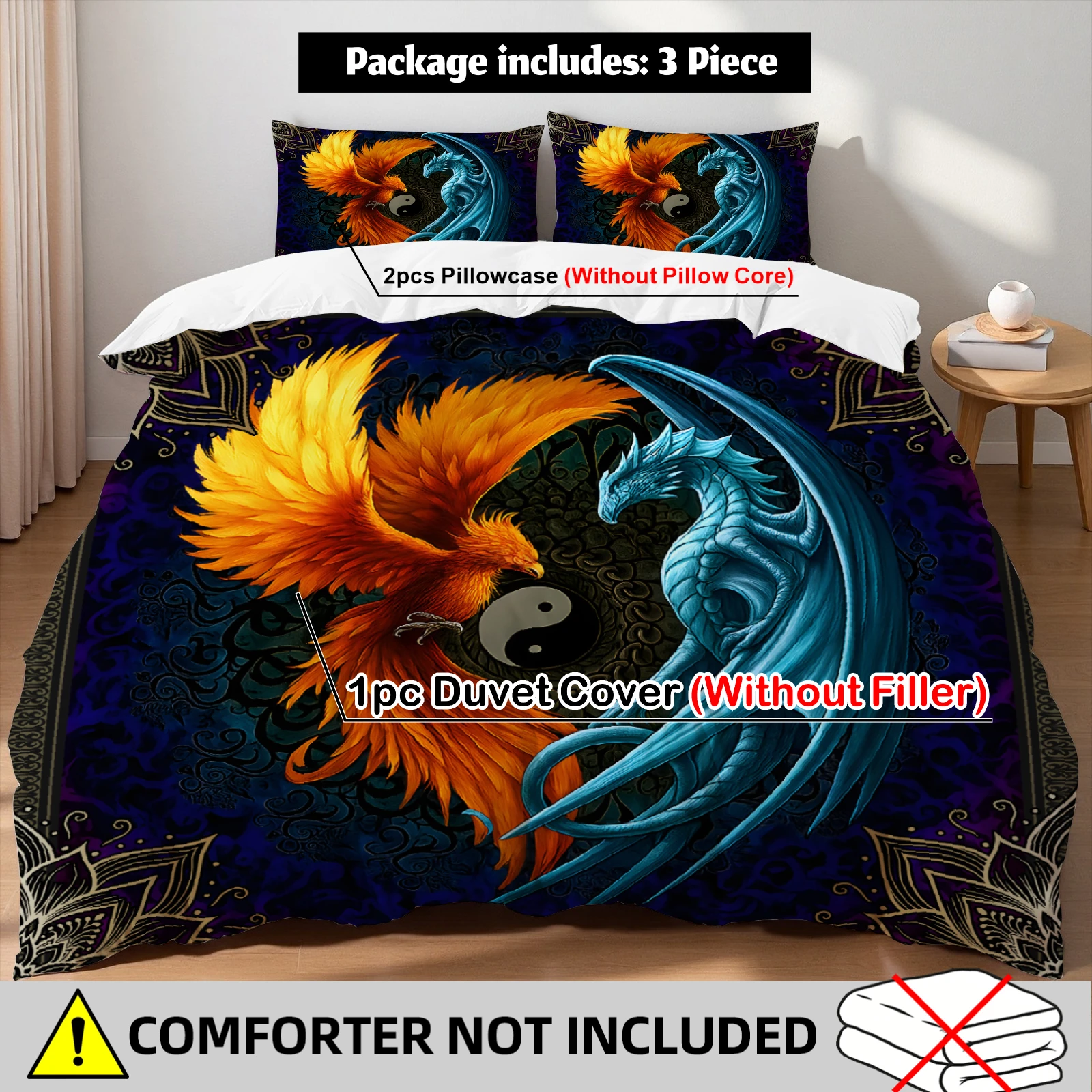 Duvet Cover Set Fantasy Fire Phoenix Ice Dragon 2 Pillowcases for Gaming Room Yin Yang Mythical Creature Decor Bedding Set Twin