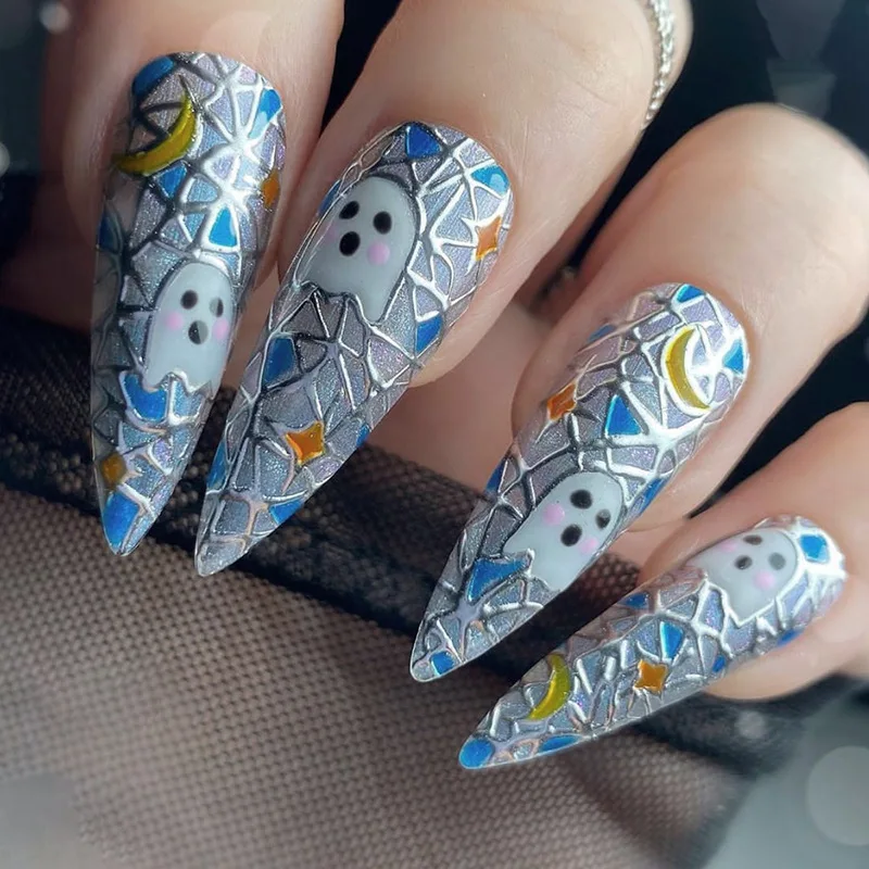 

3D fake nails accessories for Halloween ghost moon star design long pointed french tips faux ongles press on false nail set