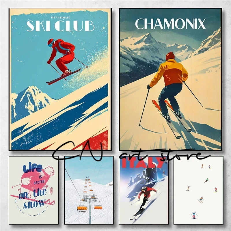 Vintage Ski Lift Skiing Winter Italy Snow Mountain Landscape Ski Club Art Poster Canvas Painting Wall Prints Picture Home Decor