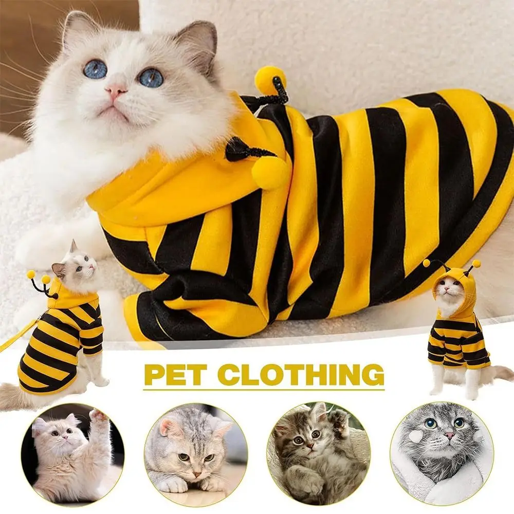 Costume drôle et doux pour animaux de compagnie, motif abeille, à capuche, chaud et respirant pour l'hiver, vêtements pour chats et chiens, design rayé, costume de cosplay abeille, fournitures pour animaux de compagnie