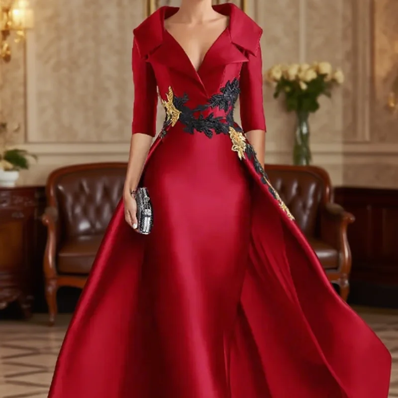 

Evening Gown Elegant Dress Formal Floor Length 3/4 Length Sleeve A-Line Shirt Collar Satin with Appliques Customized