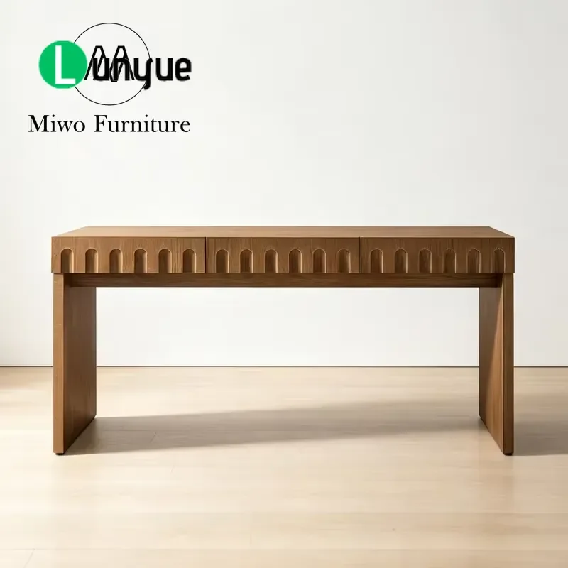Oak Veneer Writing Desk with Carved Grooved Front Panel Modern 3 Drawer Wooden Console Table for Home Office Study Room