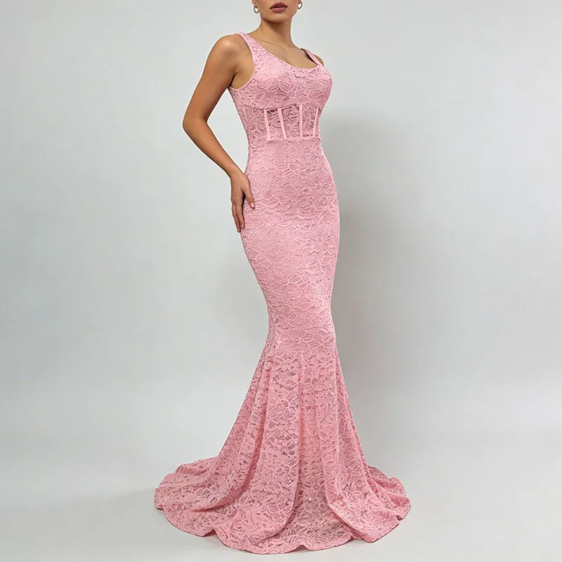 

Sexy Sleeveless Slim Floor-length Dress Temperament Elegant Solid Slim Dresses Spring New Hot Girl Lace Hollow Out Evening Dress