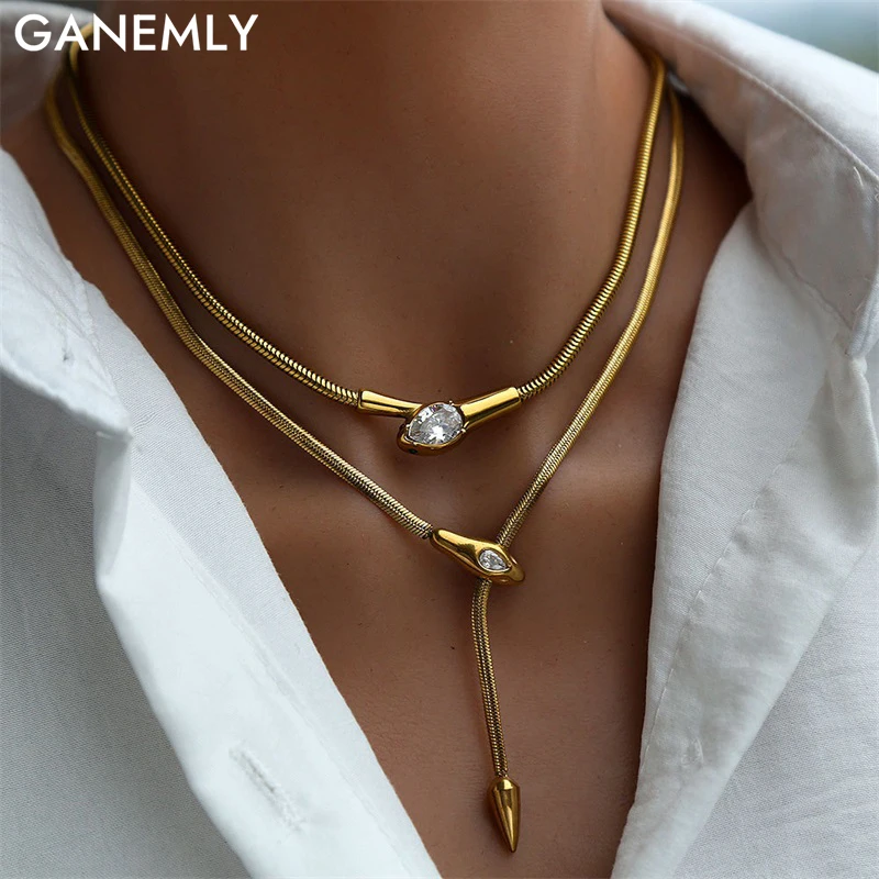 GANEMLY 316L Edelstahl Snakehead Glänzende Zirkon Halskette Trendy Hals Kette Choker Kragen Wasserdicht Schmuck Für Frauen