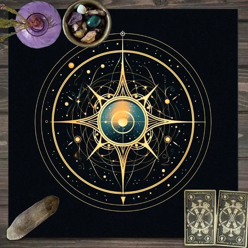 VIKAMA Gilded Gold Star Disk Compass Tarot Tablecloth Mysterious Divination Altar Cloth Ritual Table Mat Background Cloth