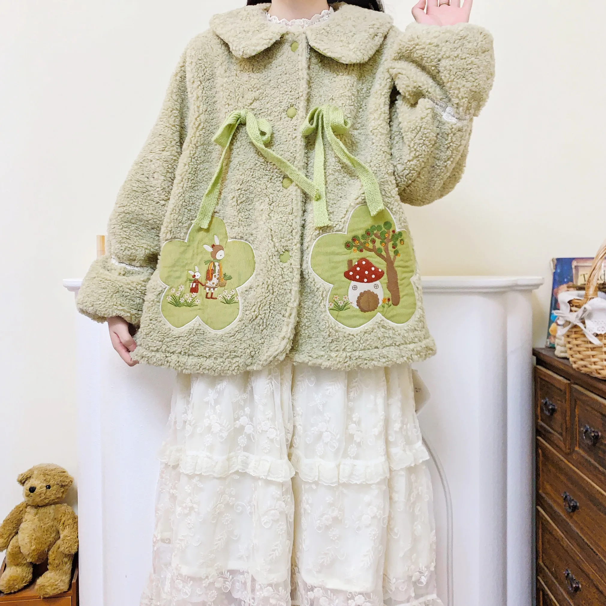 Sweet Winter Fleece Patchwork Corduroy Bow Green Coat for Women Vintage Retro Chic Cottage Core Goblincore Kawaii Lolita Coat