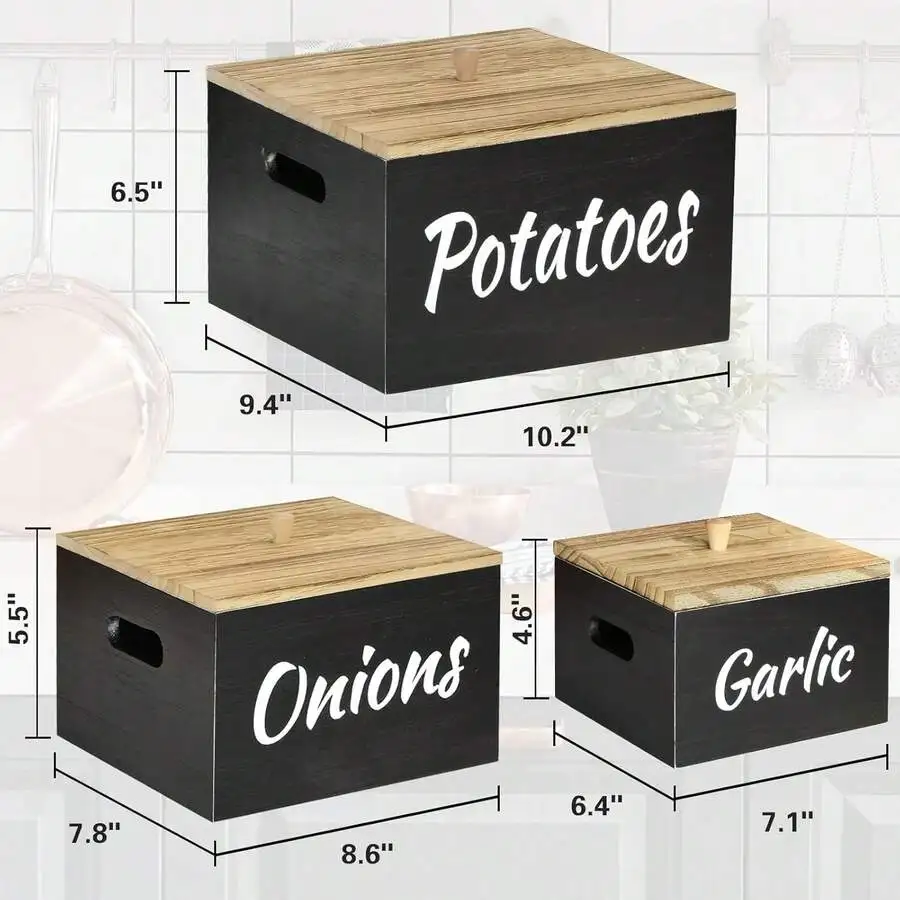 Wood Basket Set Of 3 - Farmhouse Kitchen Storage Container For Potato Onion Garlic, White Powder Coated, Rectangular, 3 Piece Co
