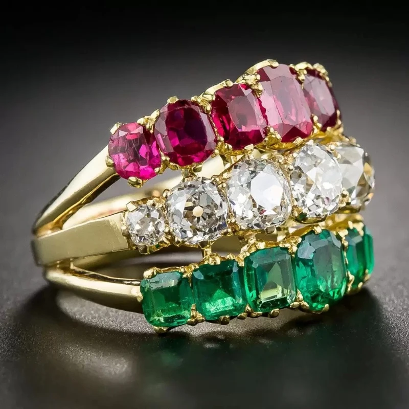 Image of Dreischichtiger, farbenfroher, glitzernder synthetischer Zirkonia-Ring, modischer, vergoldeter Ring für Damen, eleganter, klassischer Bankettring, perfekte Schmuckgeschenke