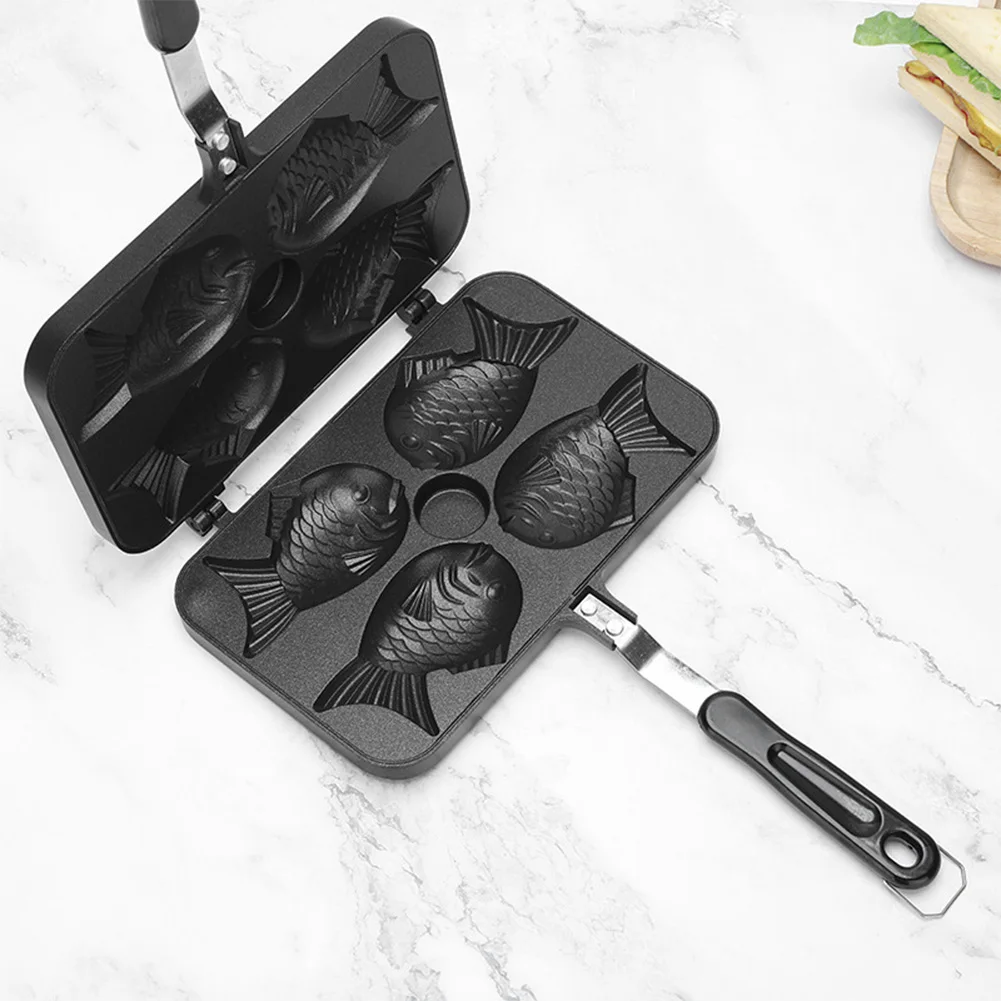 Aluminum Alloy Fry Pan Waffle Molds Four Fish Shaped Taiyaki Dessert Waffle Cake Maker Pan Waffle Baking Taiyaki Baking Pan