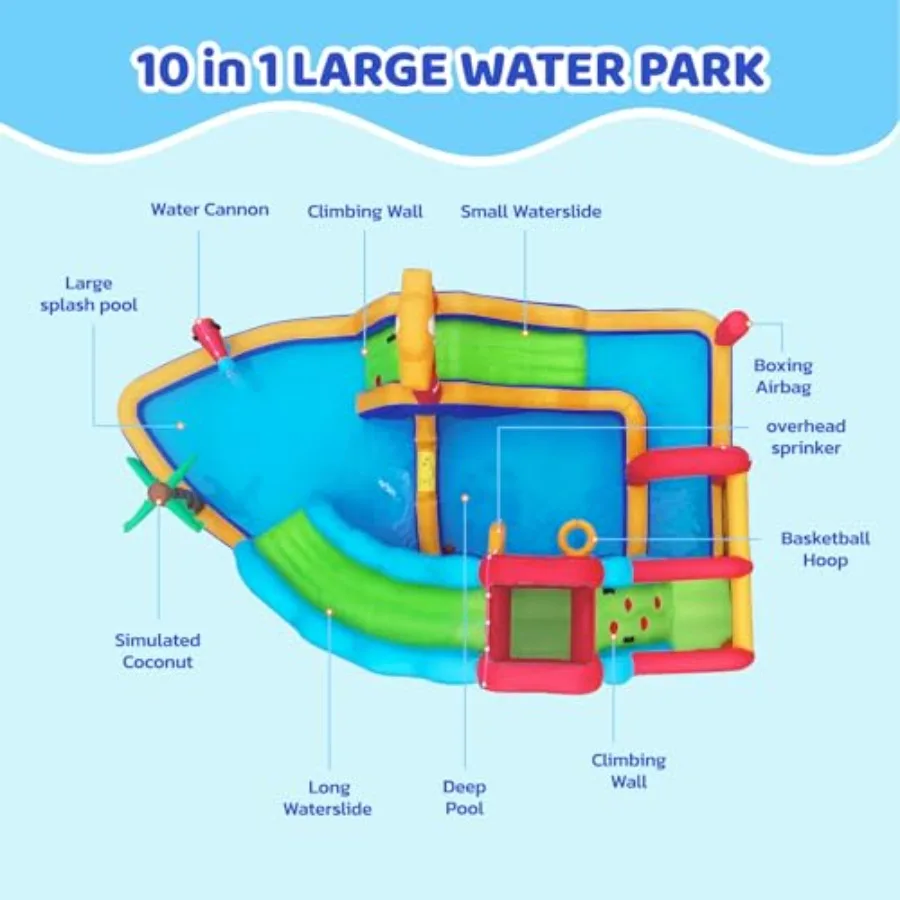 Backyard inflatable water slide bounce house: PVC blue/red 10-in-1 water park with blower dual slides dual climbing walls dual view 3