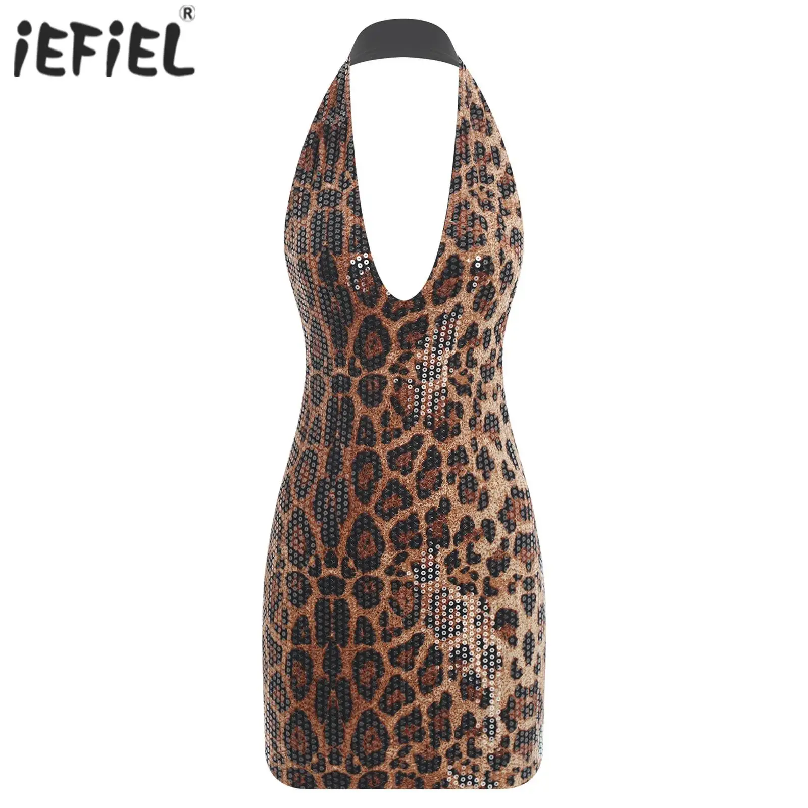 

Leopard Sequins Bodycon Mini Dresses for Women Party Backless Mini Dress Deep V Neck Halter Backless Vestidos Club Short Dress