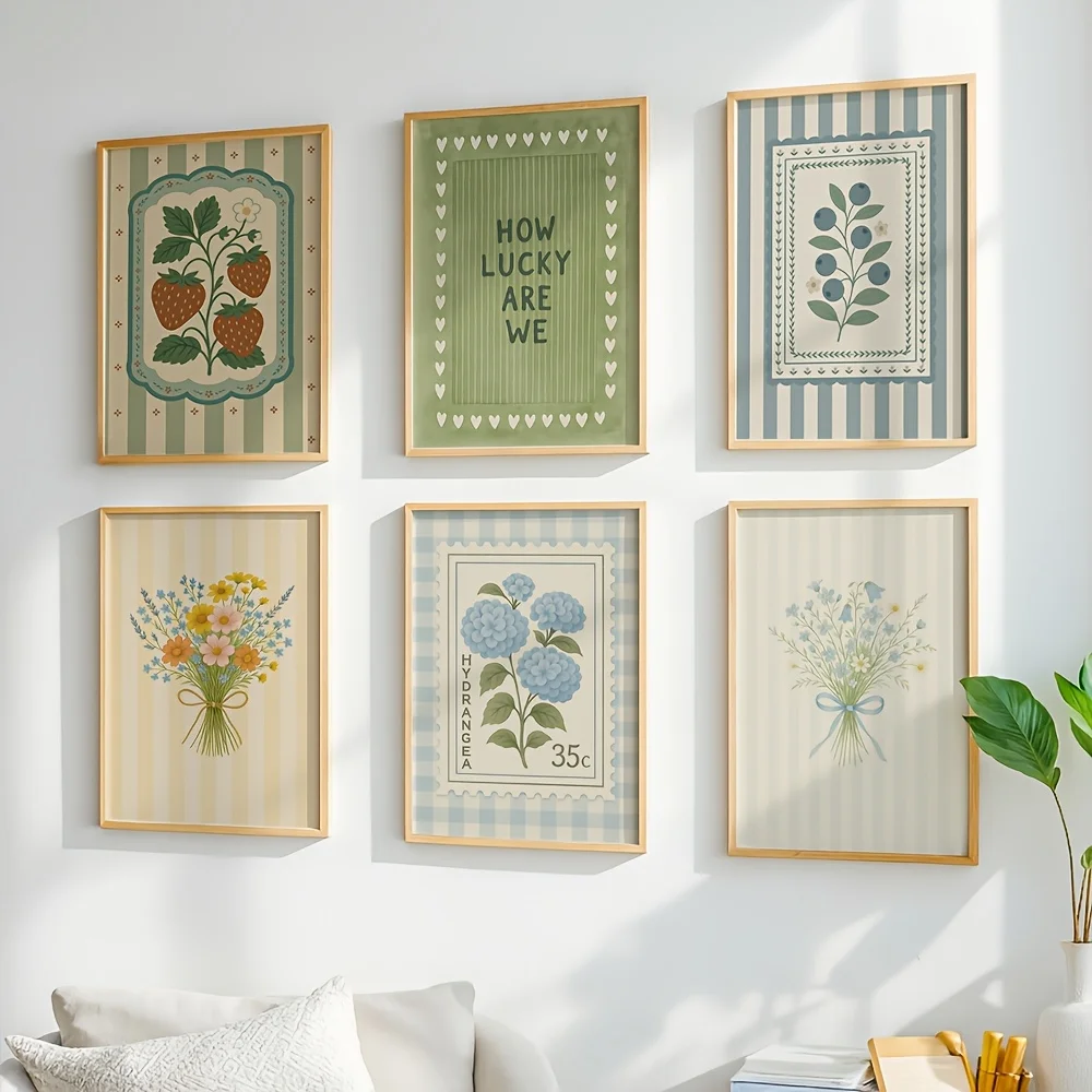 6Pcs Vintage Botanical Canvas Decor Painting, Strawberry Hydrangea Flower Wall Art for Living Room Bedroom Home Decor