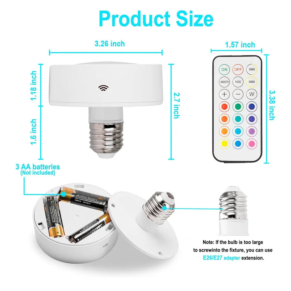 RGB Color E26/E27 Base AA Battery Powered Led Puck Light & Remote Controller Wireless Lamp Bulb for Wall Sconce ,Pendant Fixture