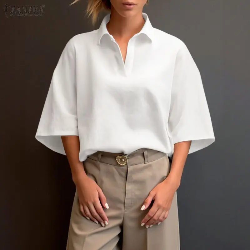 

Women Summer Blouse 2026 ZANZEA Fashion Office OL Shirt Lapel Neck 3/4 Sleeve Solid Tunic Stylish Casual Cotton Work Tops Femme