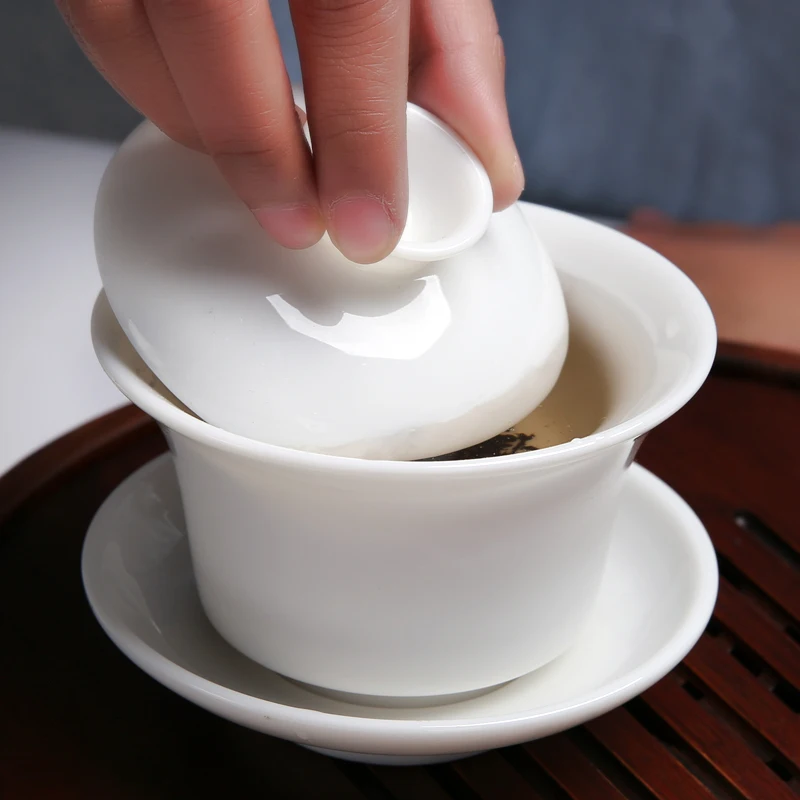 [GRANDNESS] Chinese Ceremony Gaiwan Tea Tureen Ceramic White Jade Porcelain teacup Cup 120ml