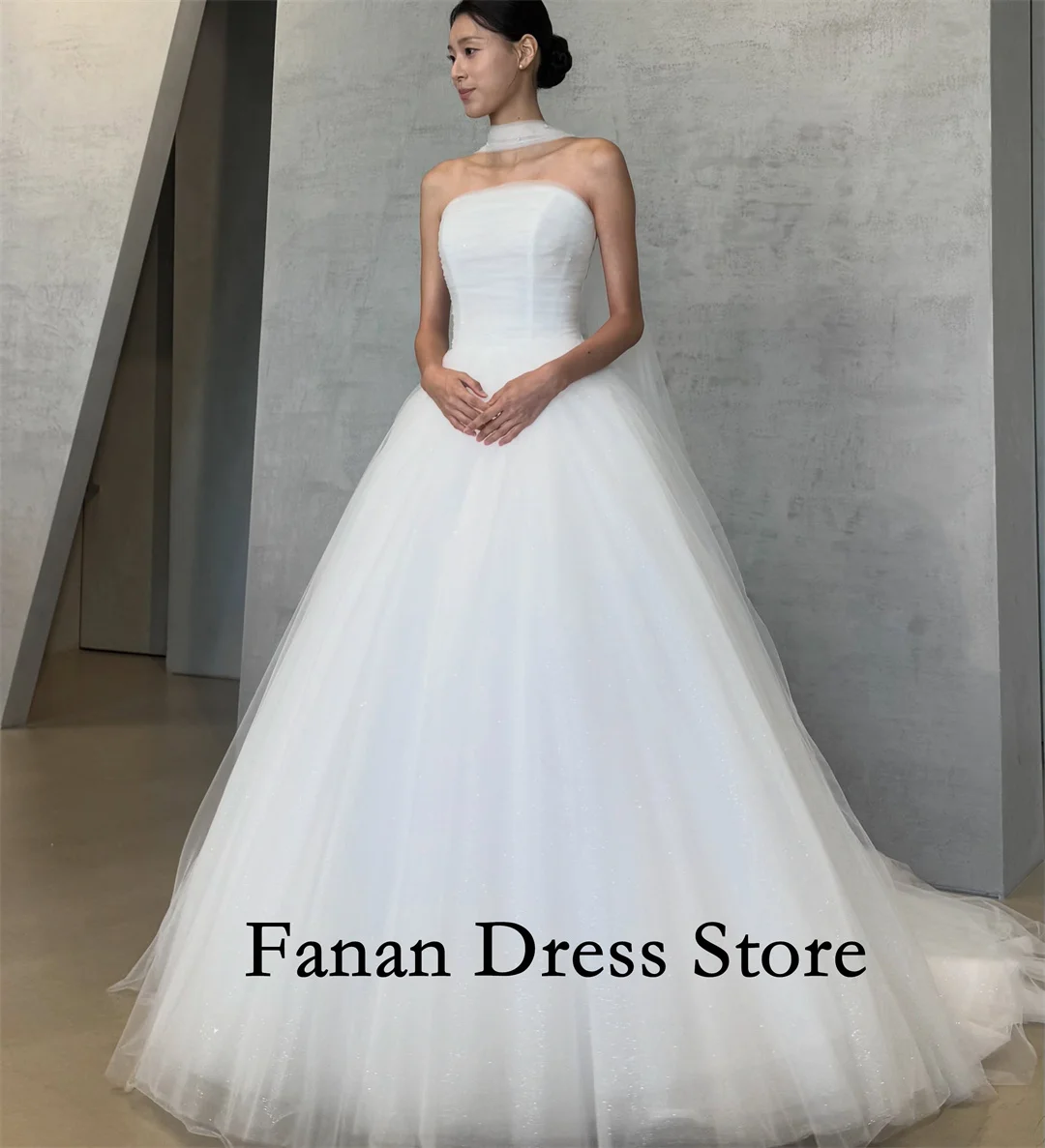 Korean Strapless A-Line Wedding Dress Tulle Lace-up Ivory Minimalist Maternity Bridal Gown with Cape For Photoshoot
