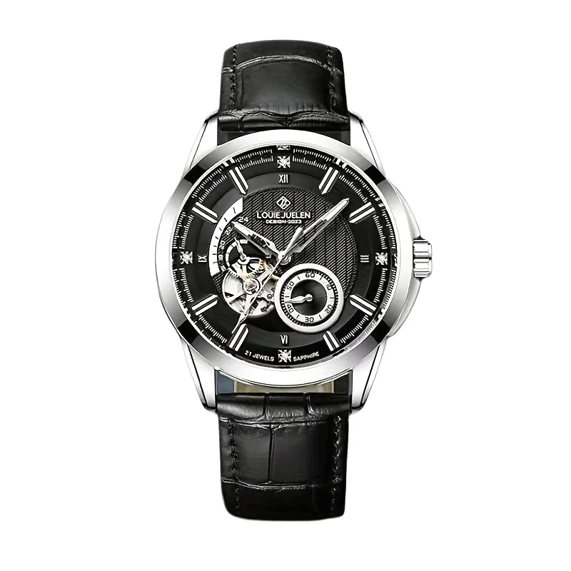 ساعة ميكانيكية بدون بطارية، عرض مؤشر، هيكل من الفولاذ المقاوم للصدأ، لف ذاتي، شاشة مضيئة، حزام من الجلد الصناعي #1